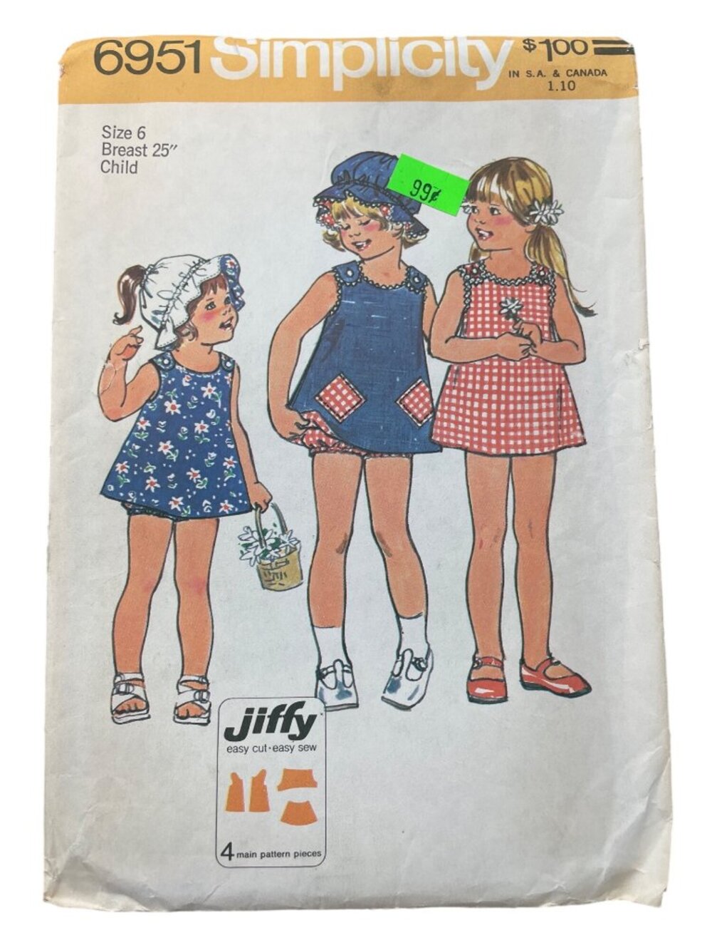 Vintage 70s Simplicity 6951 Childs Sewing Pattern Size 6 Dress Hat Panties CUT